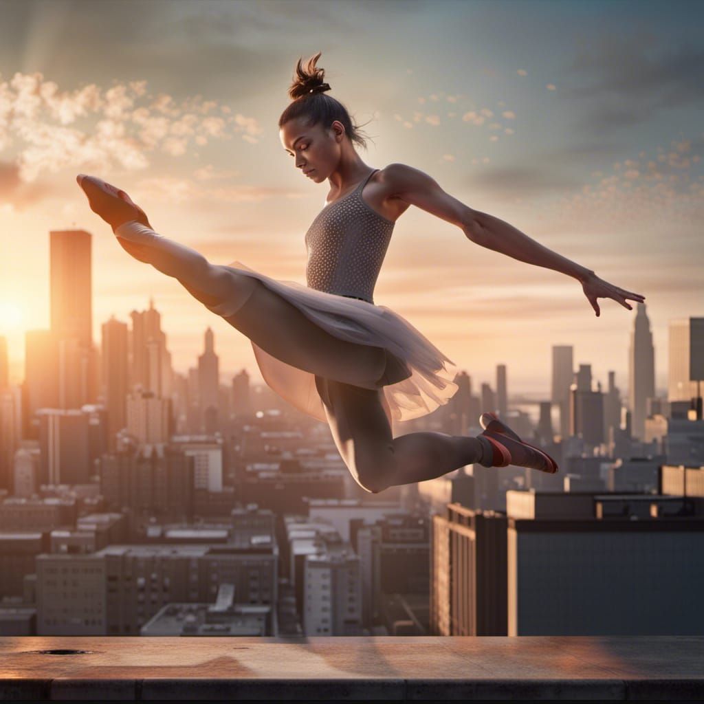 Ballerina's Leap at Sunset: Hyperrealistic Cityscape Art