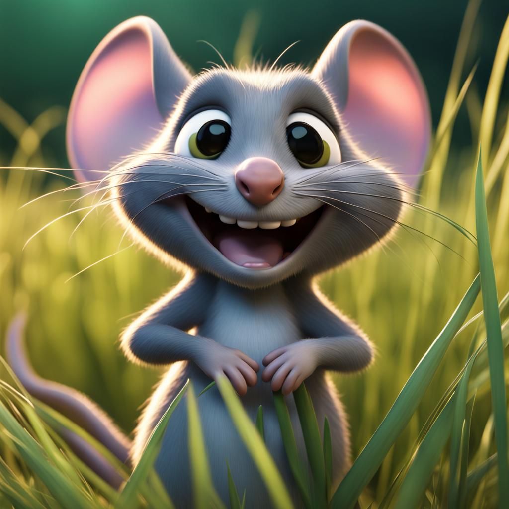 Smiling Gray Mouse Close-Up: 3D Digital Art