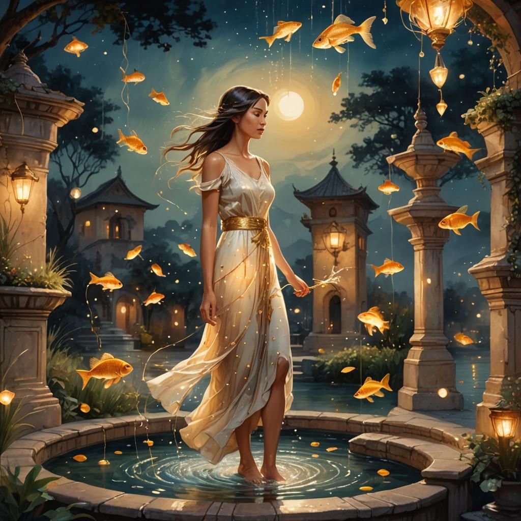 Woman by Fountain in Fantasy Matte Painting