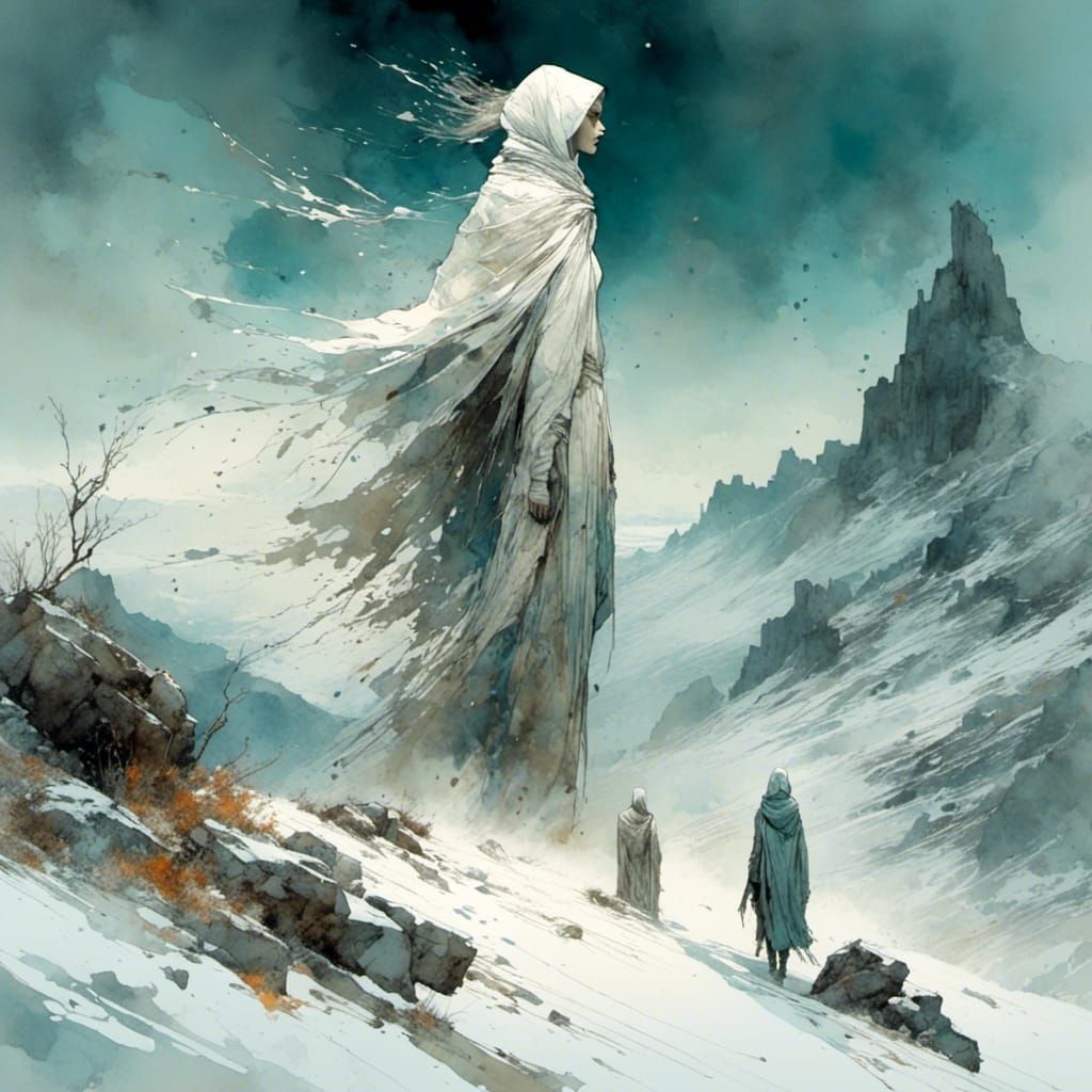 Mysterious Figures Ascend Snowy Peaks: Digital Pointillism