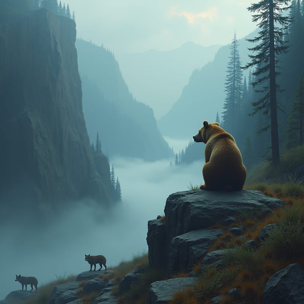 Contemplative Brown Bear Overlooking Wolves in Forest