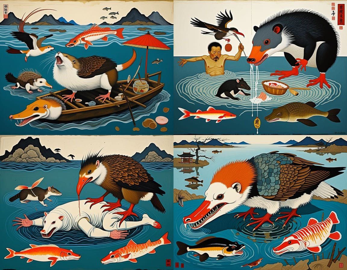 Surreal Ukiyo-e Hybrid Creature in Egon Schiele Style