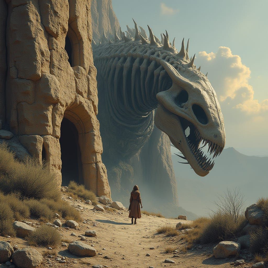 Hyperrealistic Cliff Face with Monster Skeleton