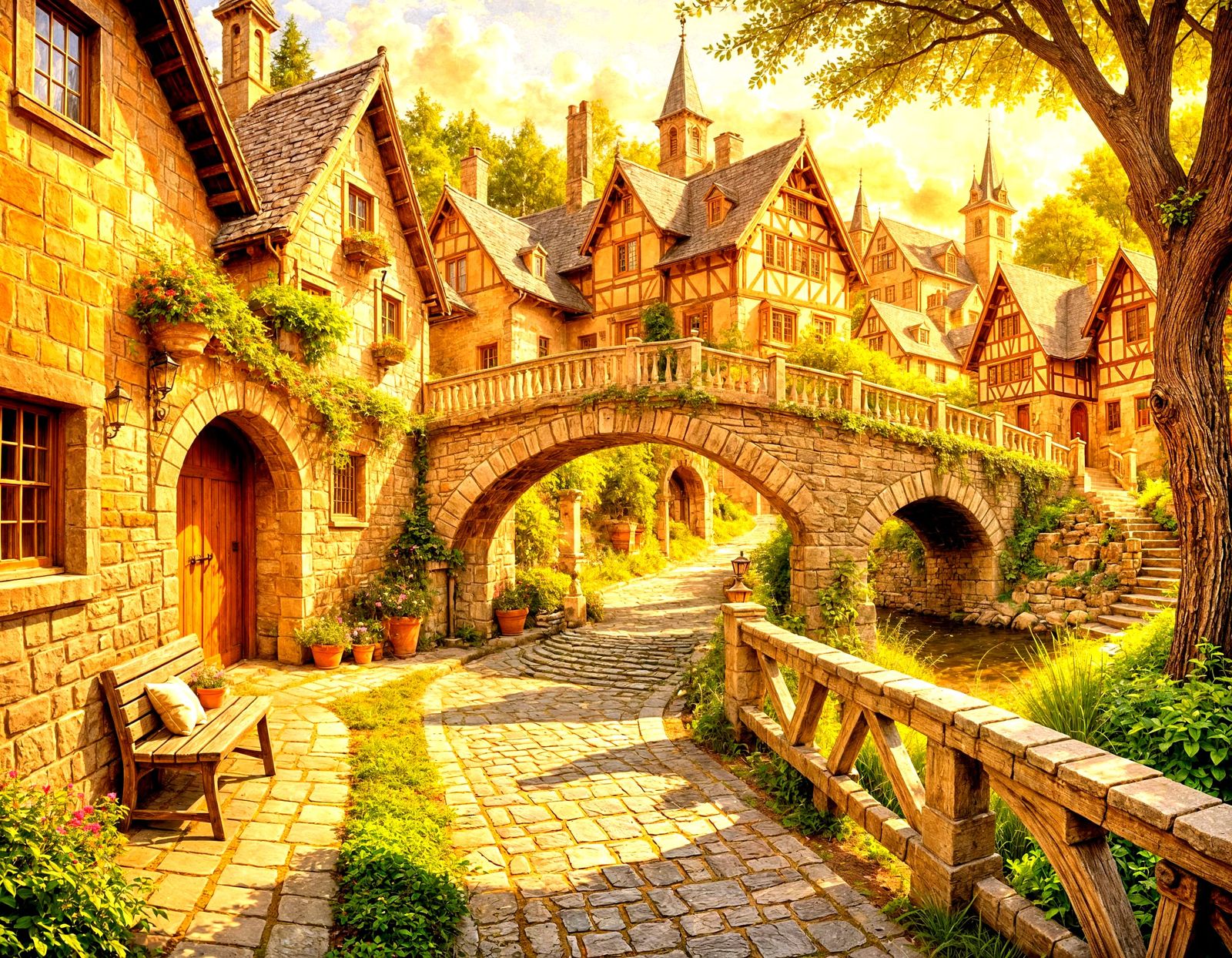 Whimsical Fairytale Village with Stone Bridge in Sepia Tones