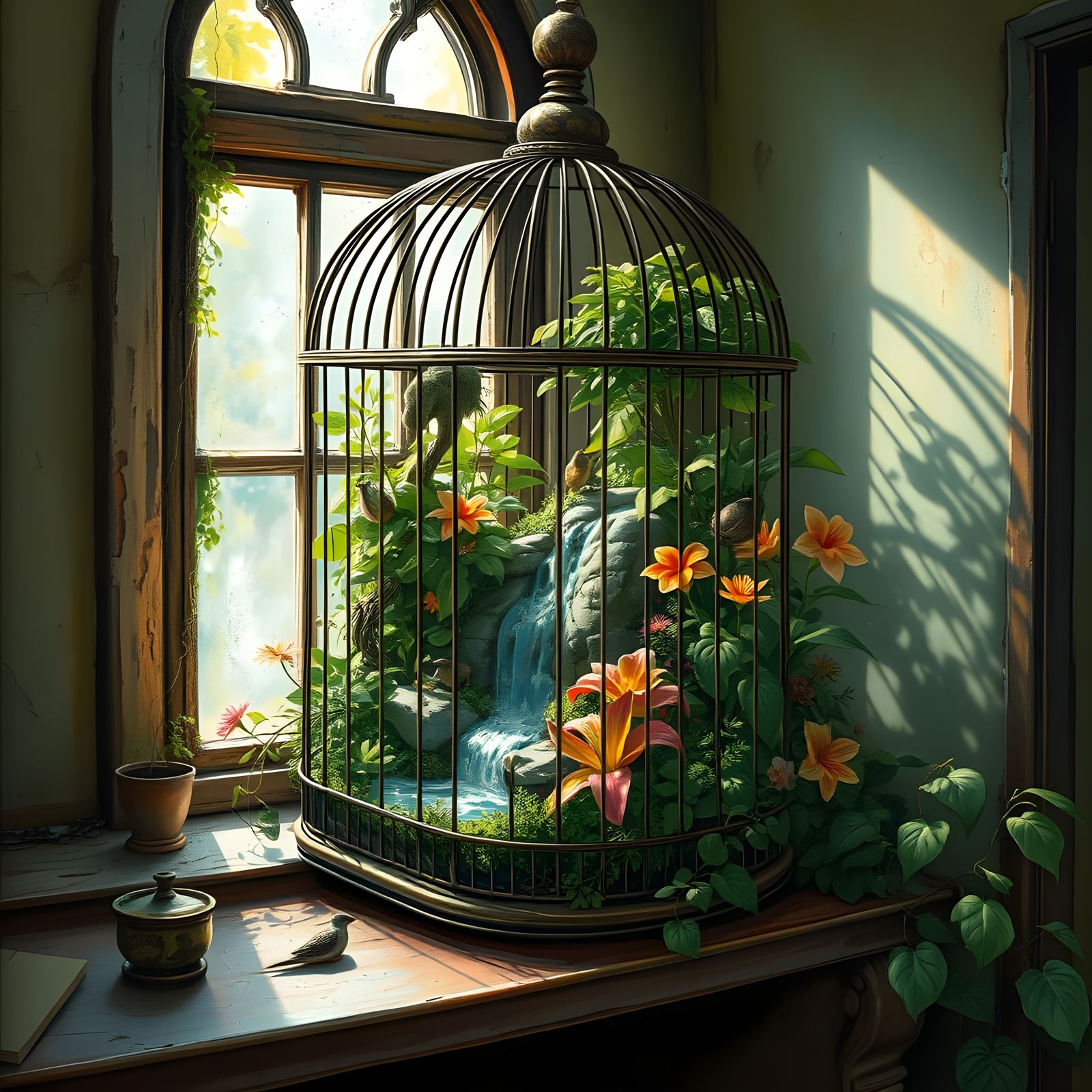 Miniature Jungle Ecosystem in Antique Birdcage