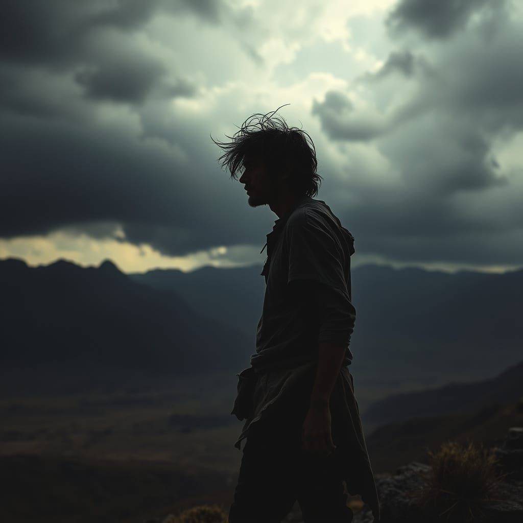 Solitary Drifter Against Stormy Landscape