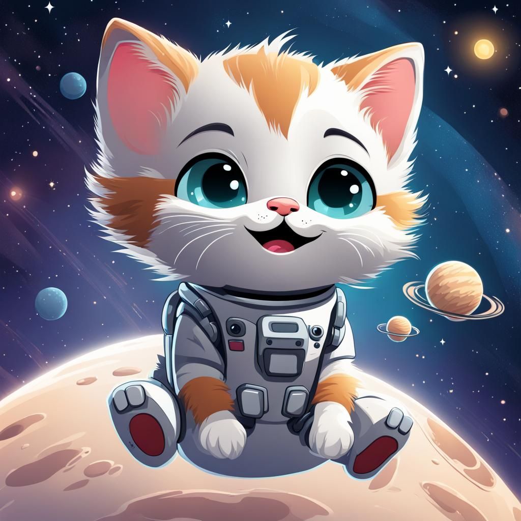 Cute Cartoon Kitten Floating in Space
