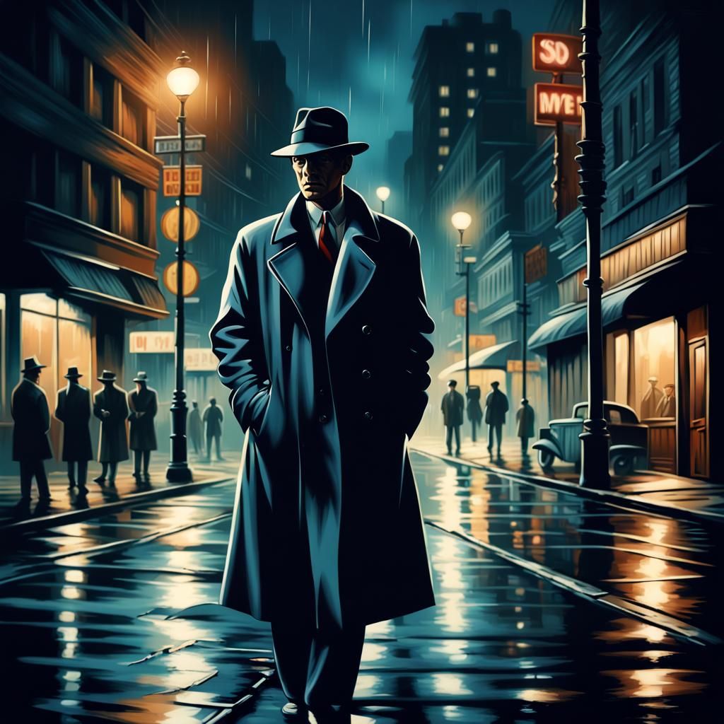 1940s Film Noir Detective in Rainy City