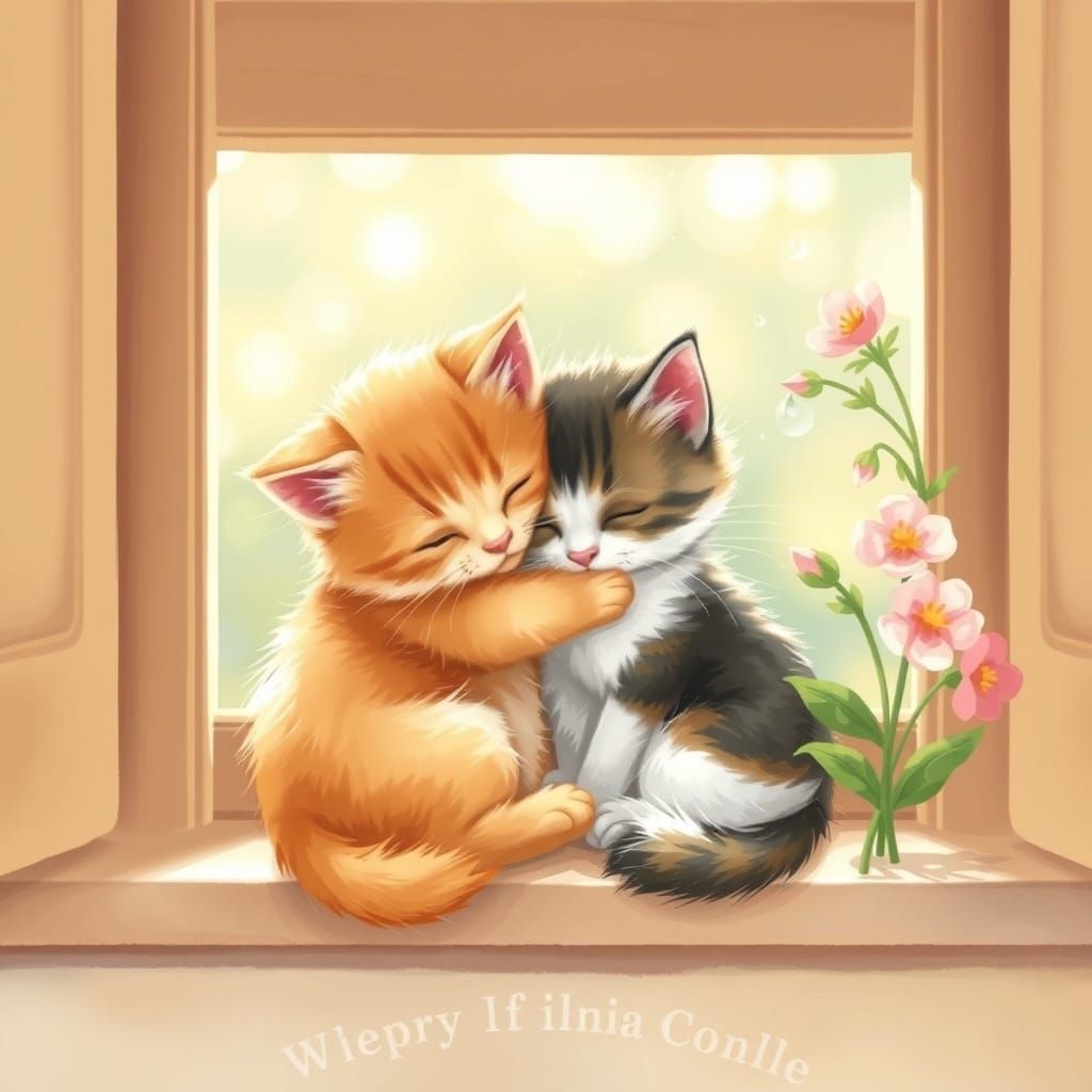 Two Adorable Kittens Embracing on a Sunny Windowsill
