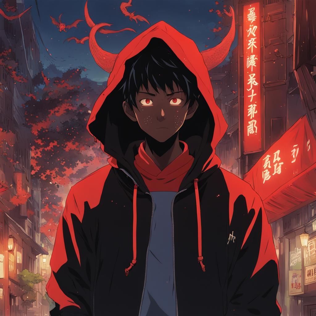 Anime Boy with Demon Hoodie, Ghibli Style