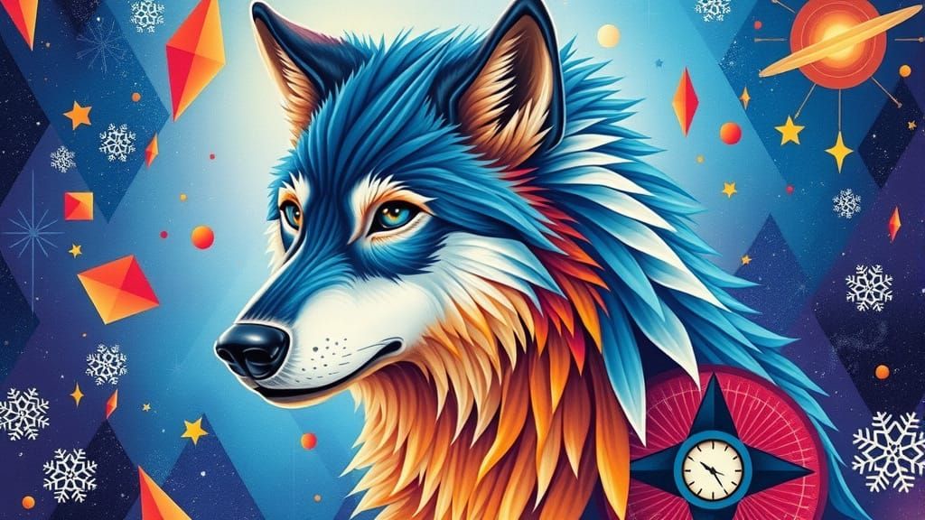 Icy and Fiery Wolf with Geometric Shapes
