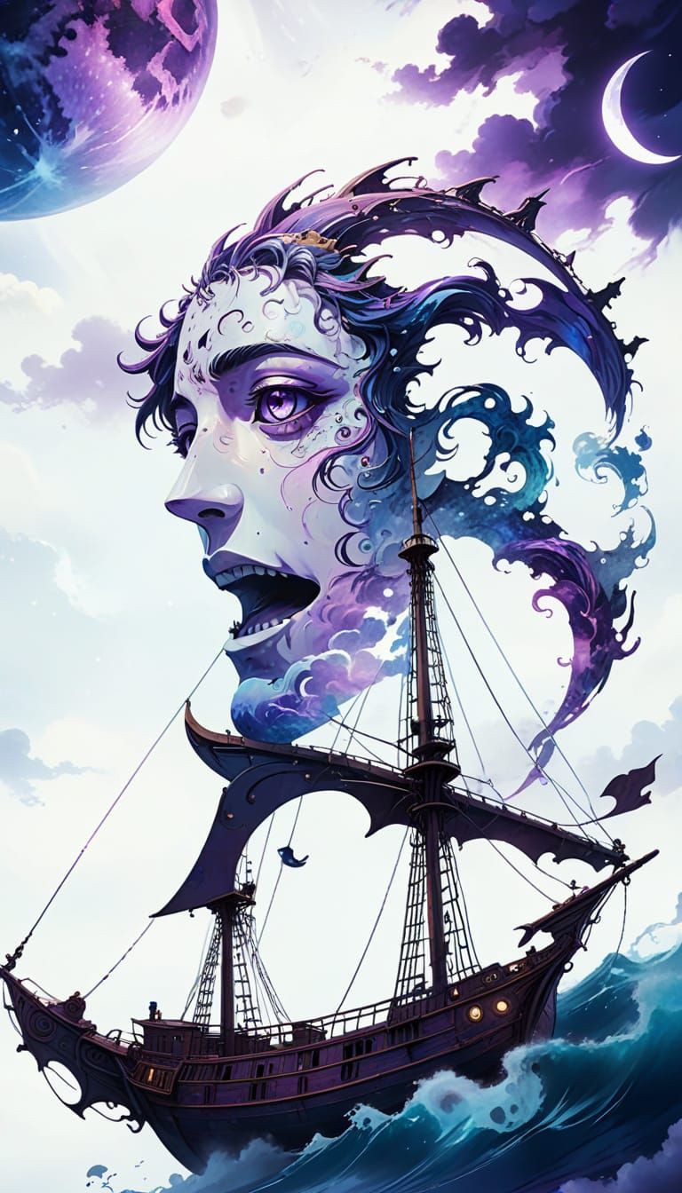 Surreal Anime Ship Navigates Abstract Seascape