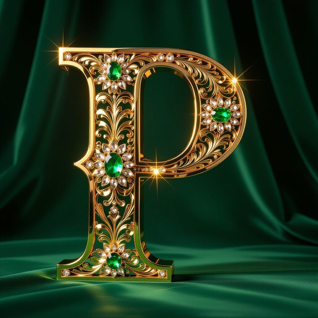 Ornate Gold Letter P with Jewels in Baroque Style