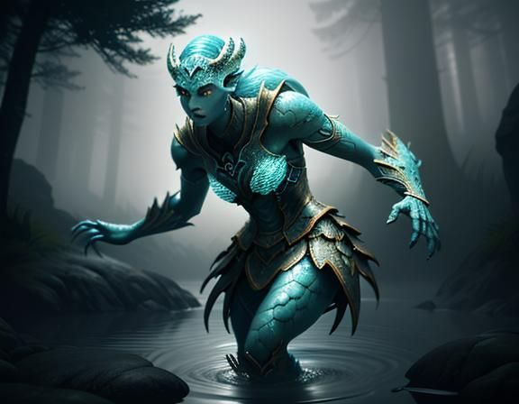 Female Amphibioid in Misty Environment: 3D Game Art