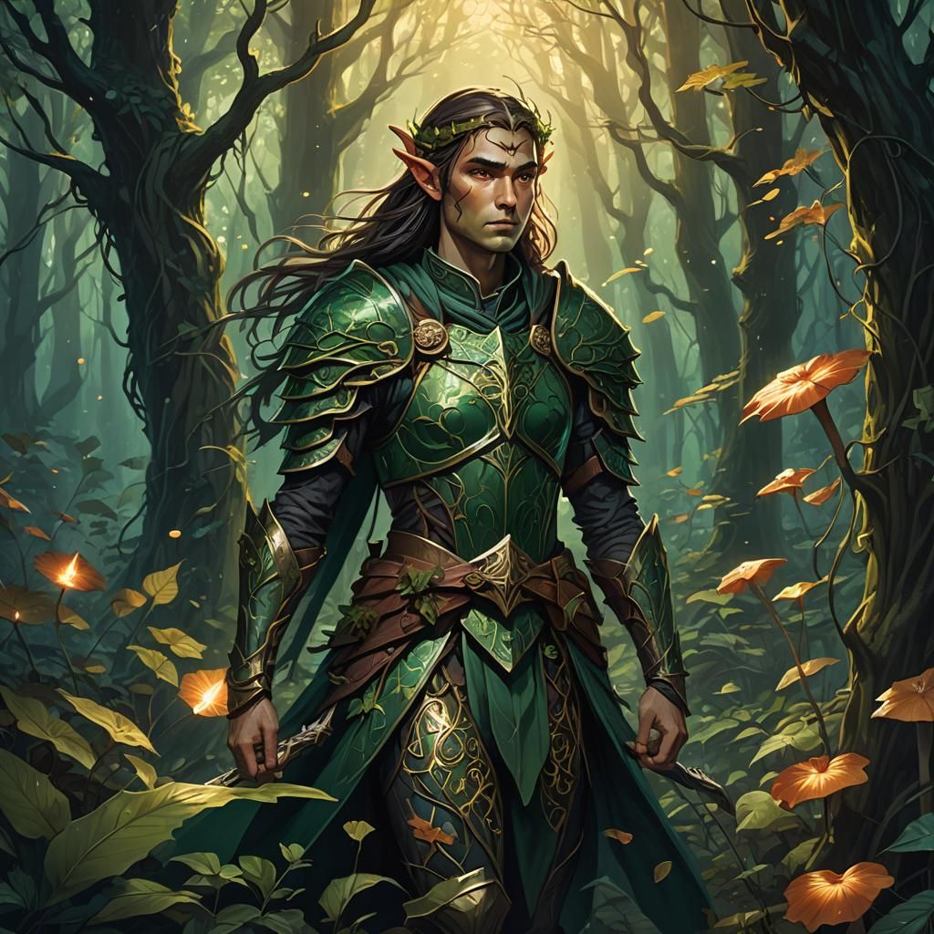 Half-Elf Warrior in Mystical Forest, Art Nouveau Style