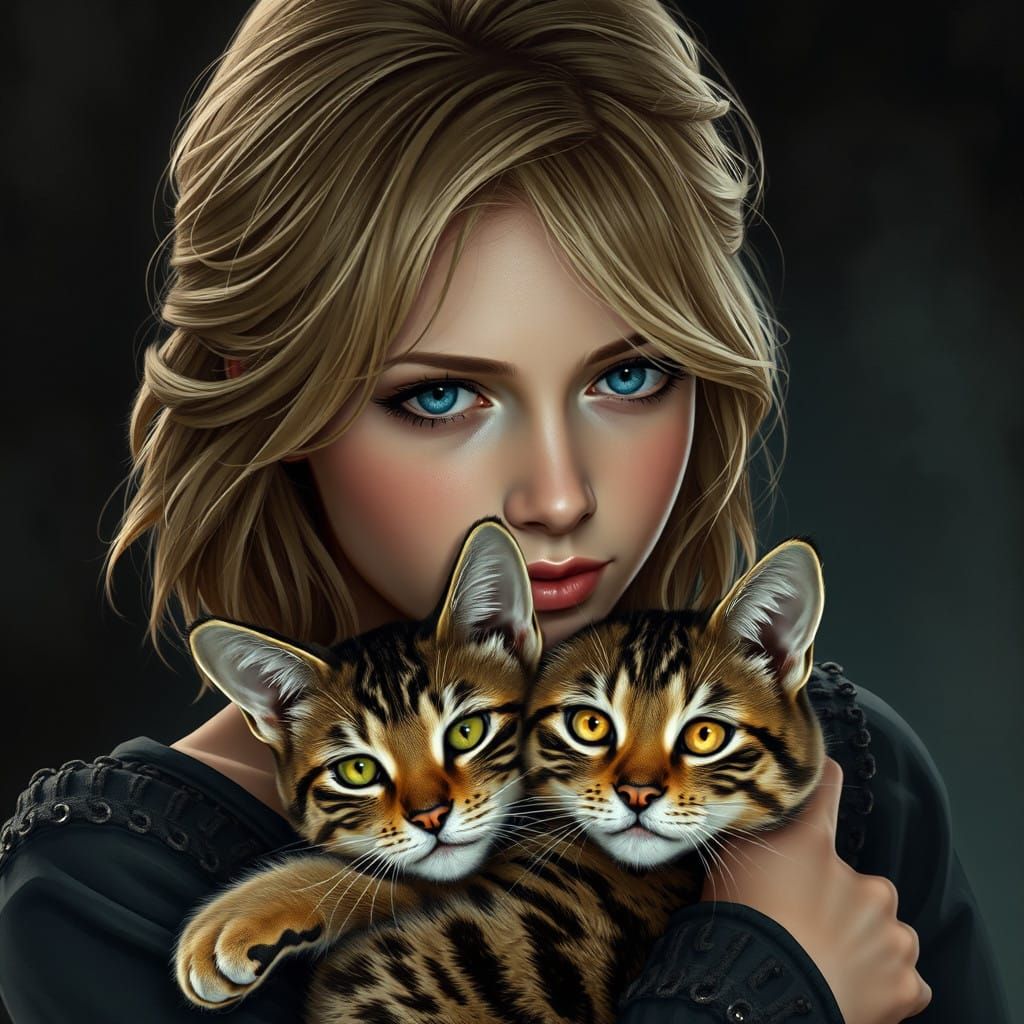Fantastical Young Woman with Tabby Cat in a Dreamlike Realm