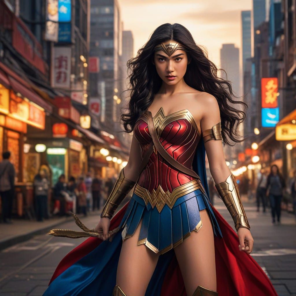 Elegant Chinese Cosplay Wonder Woman in Hong Kong-Inspired C...