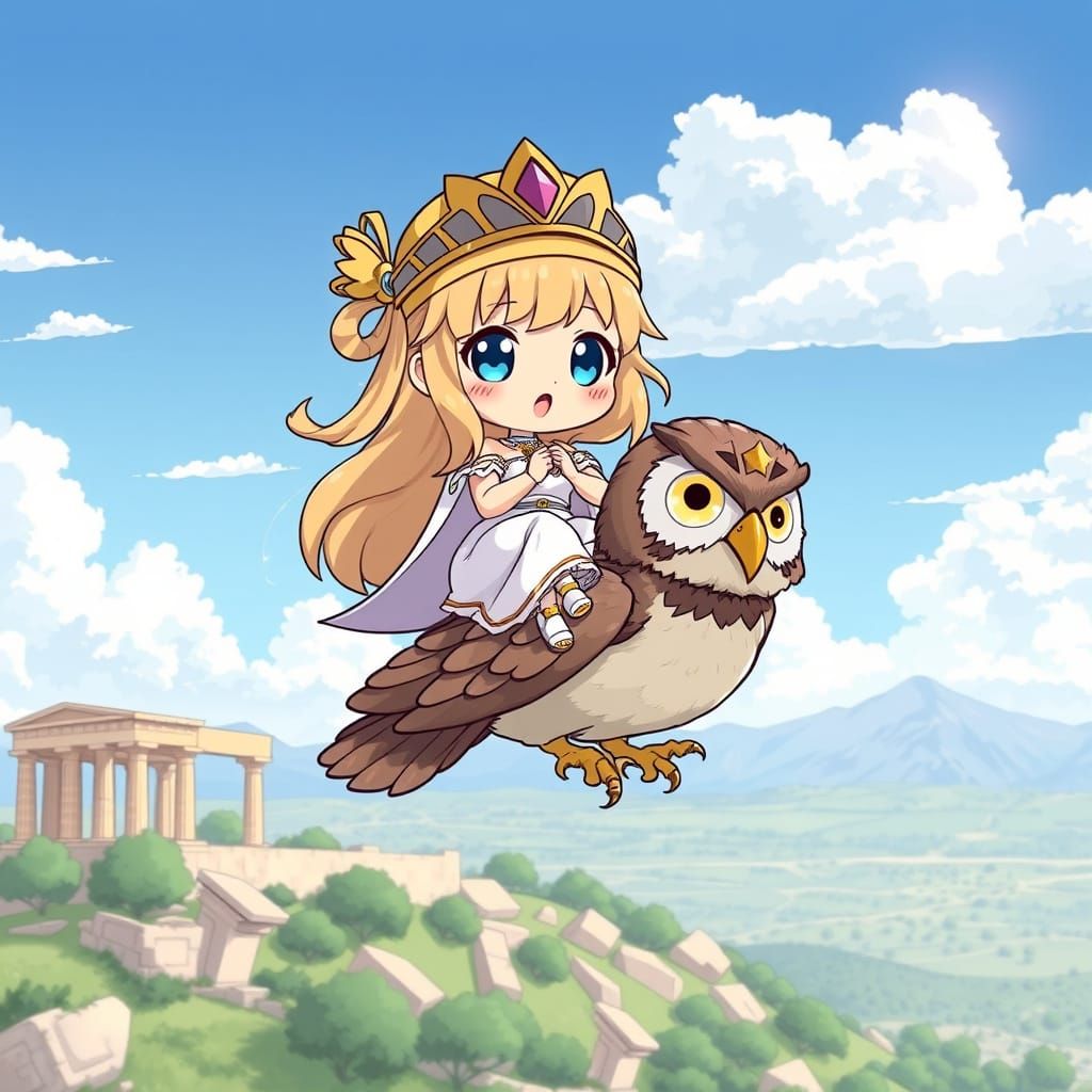 Chibi Anime Athena Soars Over Ancient Greece in Colorful Ani...