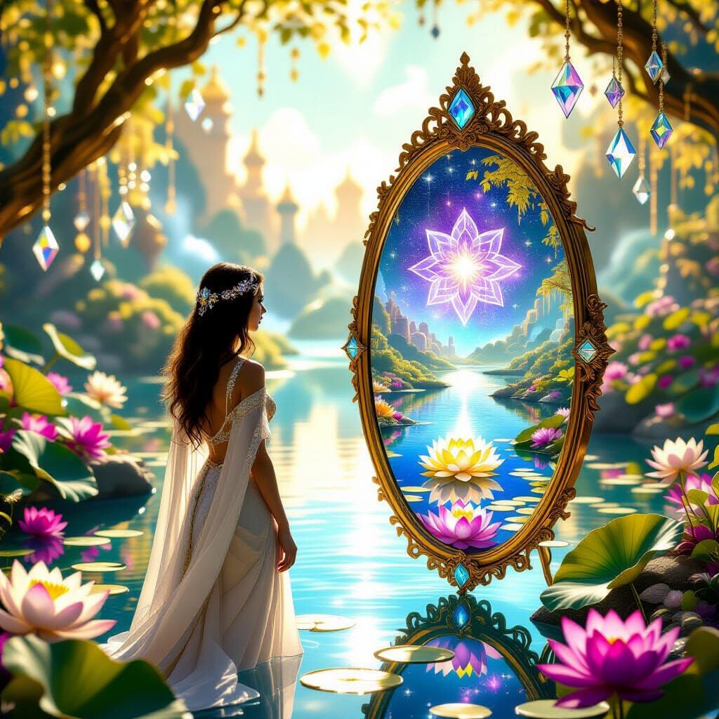 Woman Gazes into Mirror Reflecting Radiant Paradise