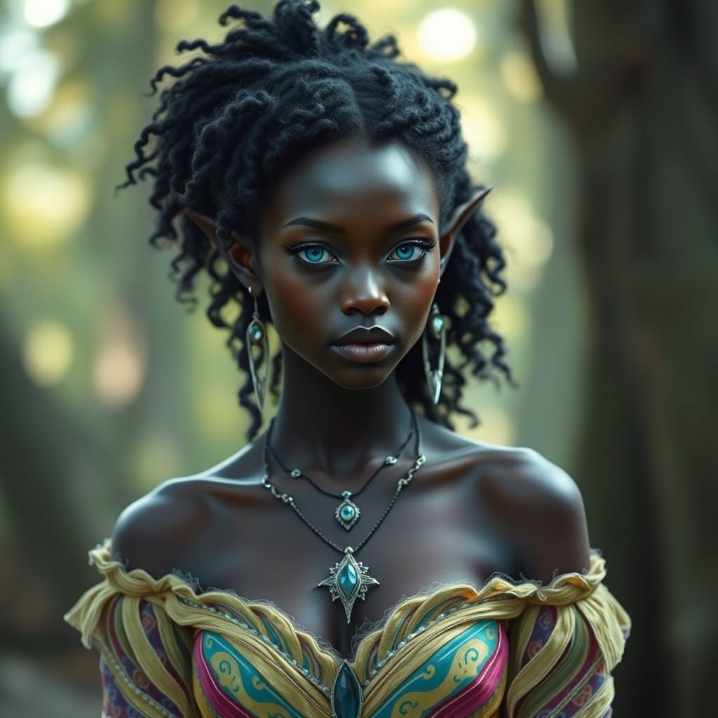 Ethereal Ebony Elf Maiden in Vibrant Gown