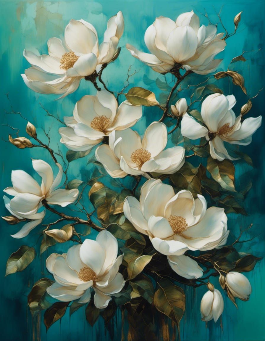 Magnolia Bouquet Oil Painting in Fauvist Style