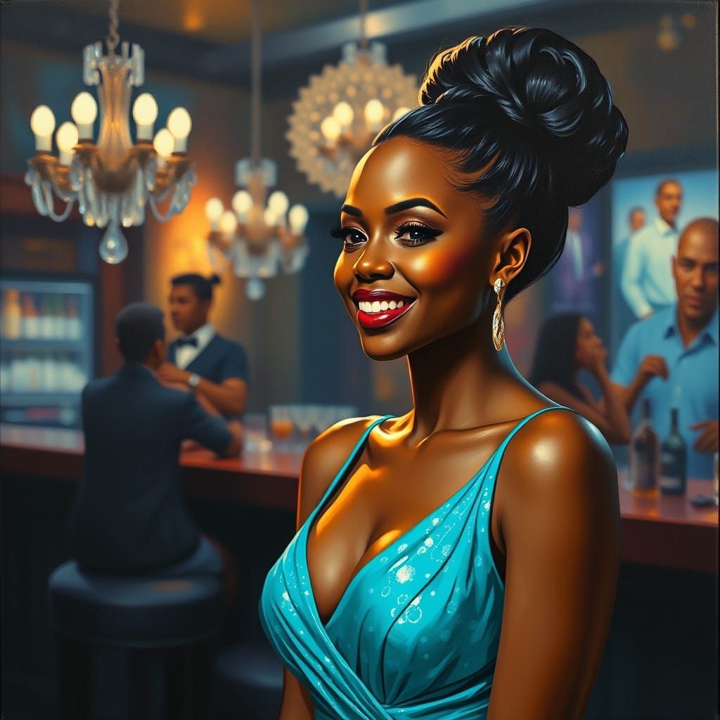 Elegant Woman in Turquoise Gown, Dark Barroom Impressionism