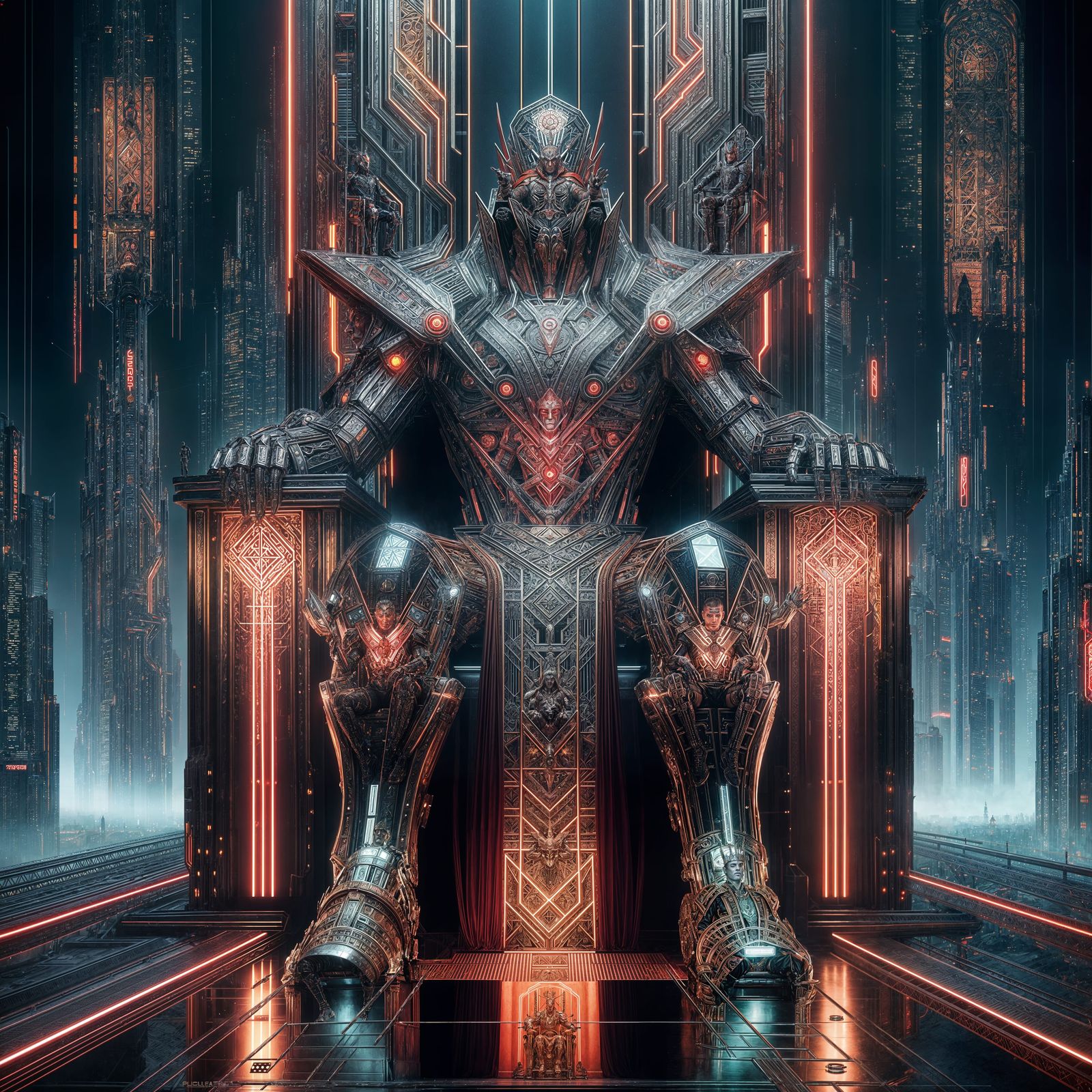 Cyberpunk Warrior King Reigns on Futuristic Throne