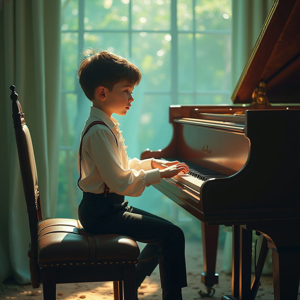 Elegant Boy Plays Majestic Grand Piano in Ethereal Realm