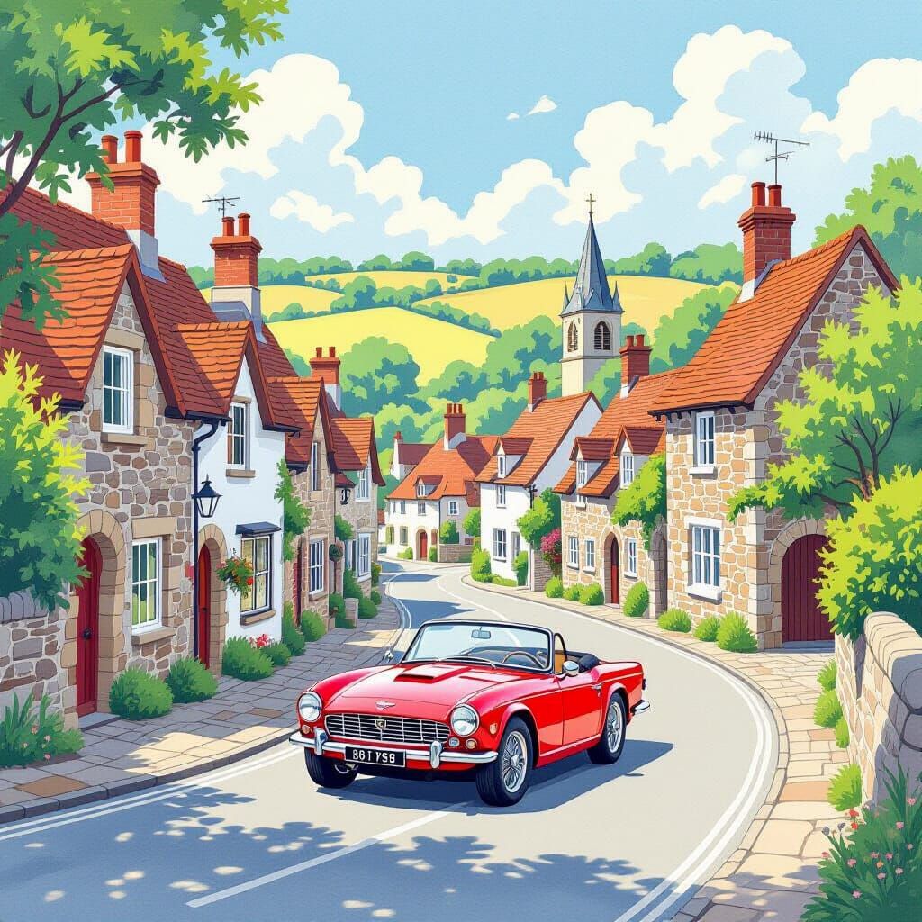 English Village Scene with Red Triumph TR6, Comic Book Style