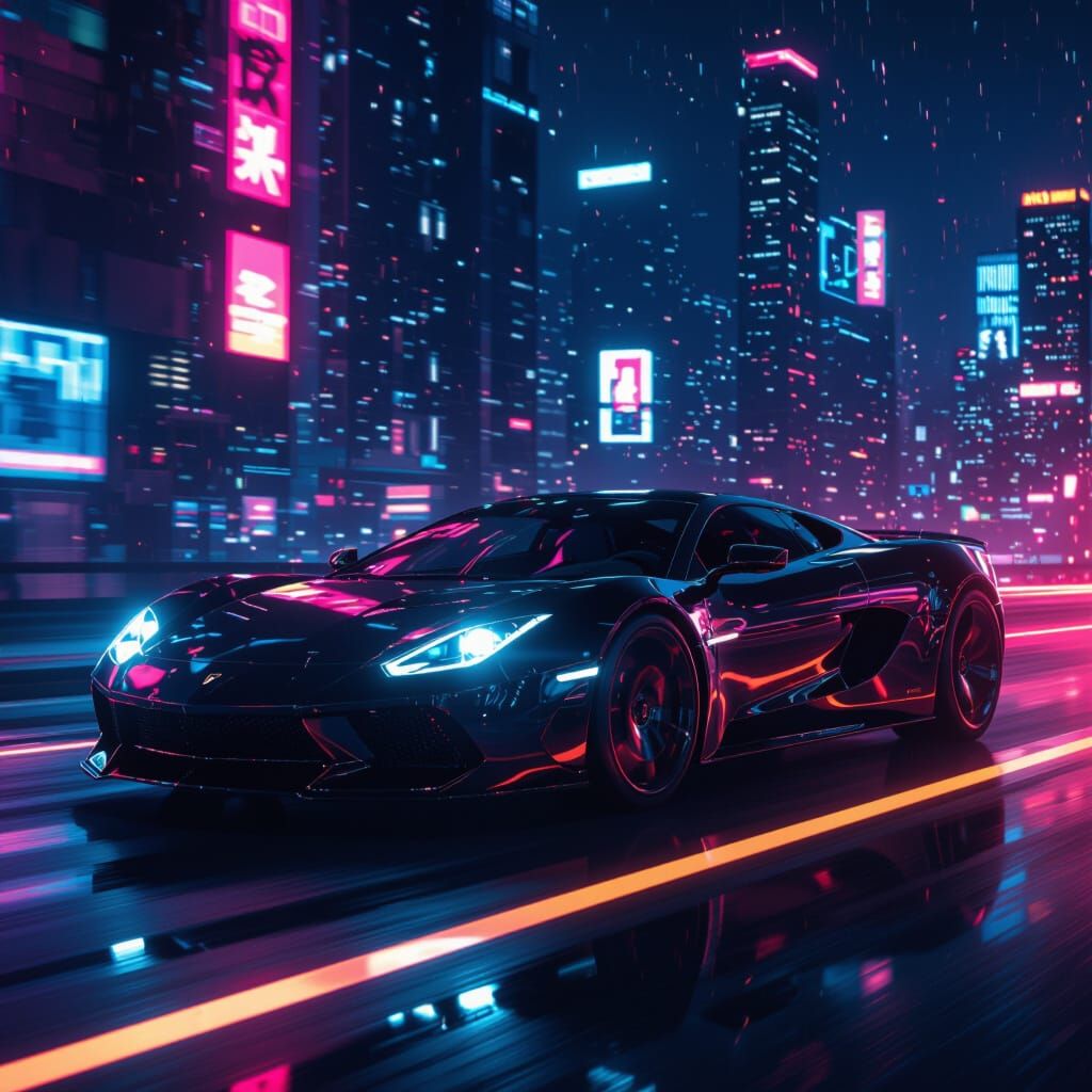 Sleek Black Sports Car in Neon City