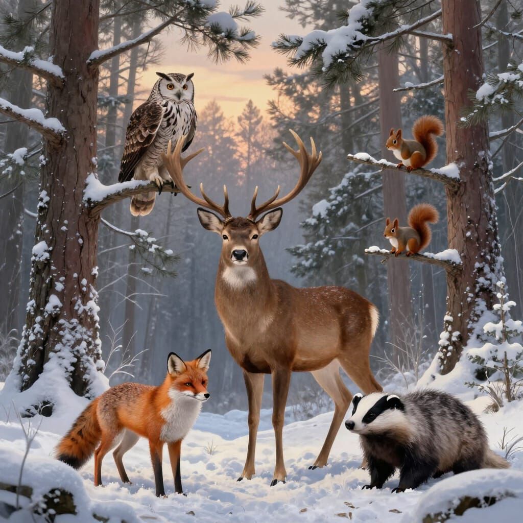 Winter Forest Wildlife Scene with Animals and Birds