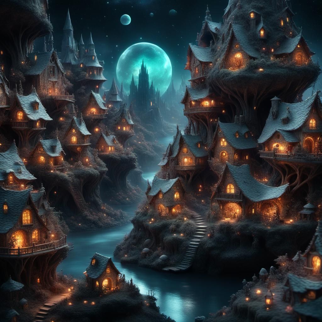 Faerie Village Inside Glowing Skull: Fantasy Concept Art
