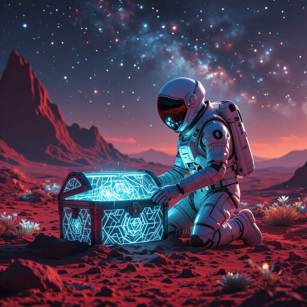 Astronaut and Alien Treasure Chest on Red Planet