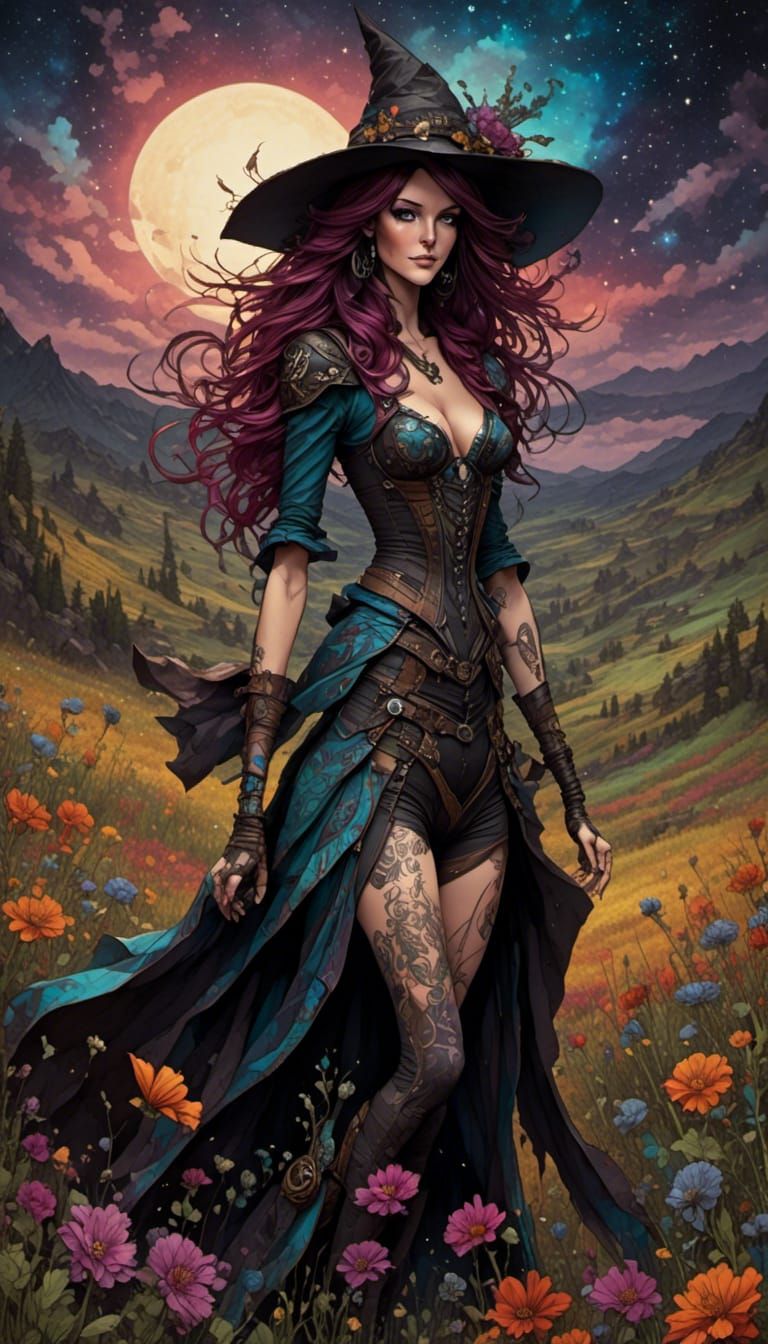 Vibrant Witchy Woman in Flowering Meadow