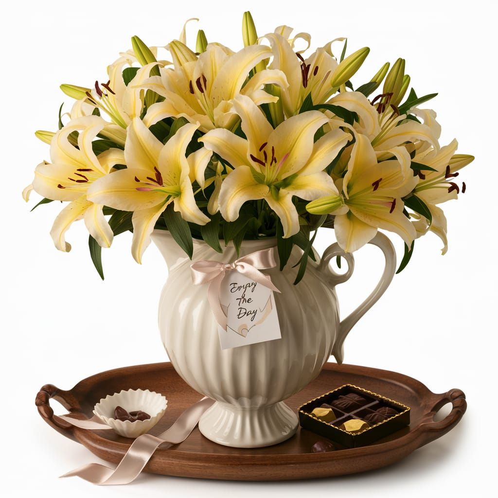 Vibrant Yellow Lilies Still Life with Chocolates