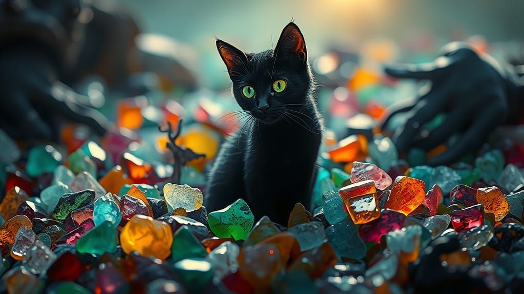 Mischievous Black Cat in Eerie Sea Glass Landscape
