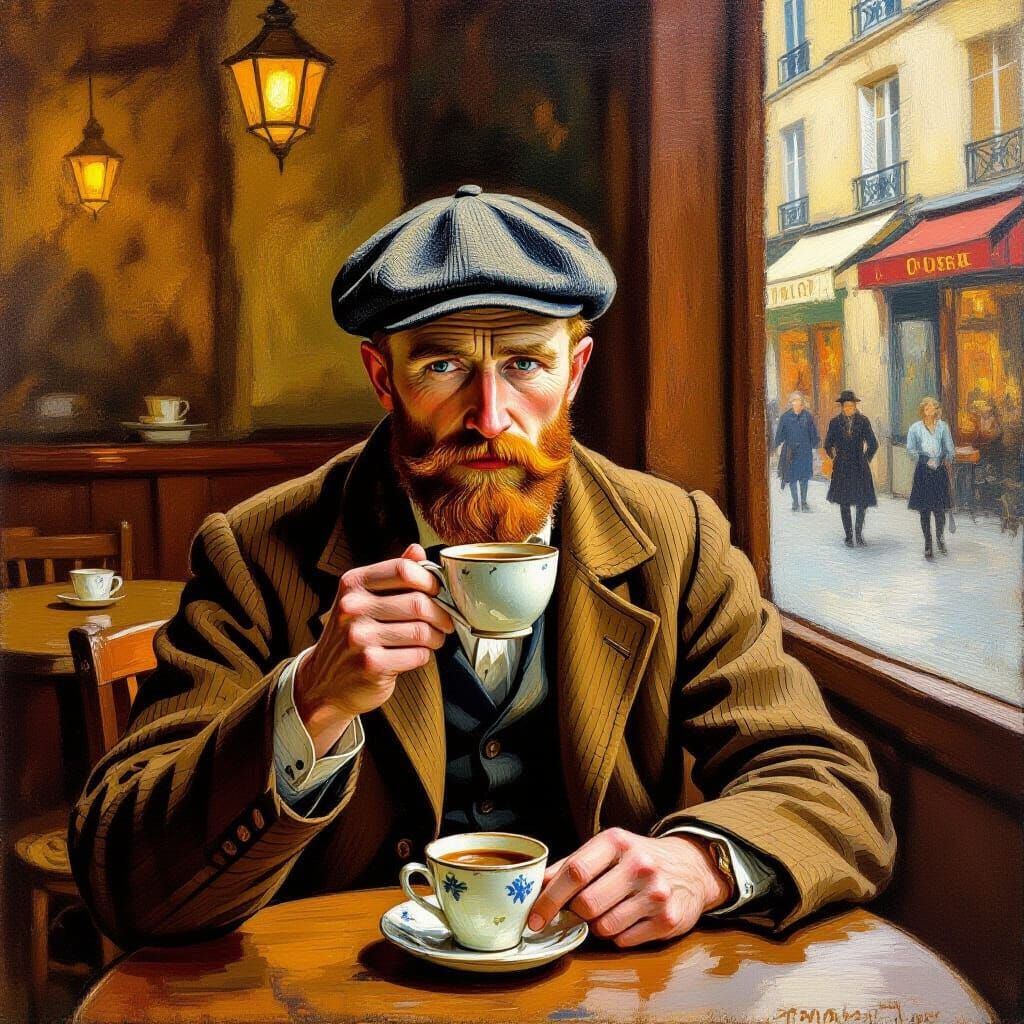 Van Gogh at Coffee Shop in Impressionist Style
