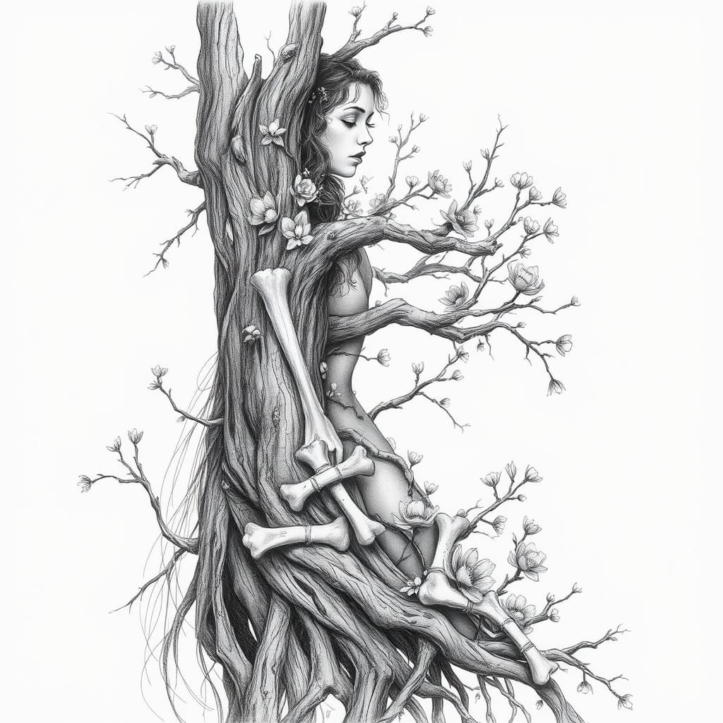 Woman Merged with Tree, Adorned with Bones and Flowers