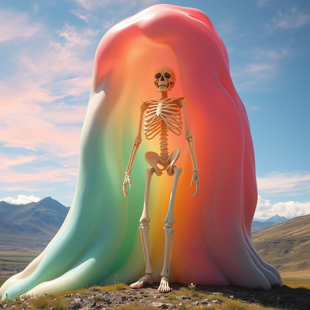 Giant Multicolored Slime Creature with Skeleton
