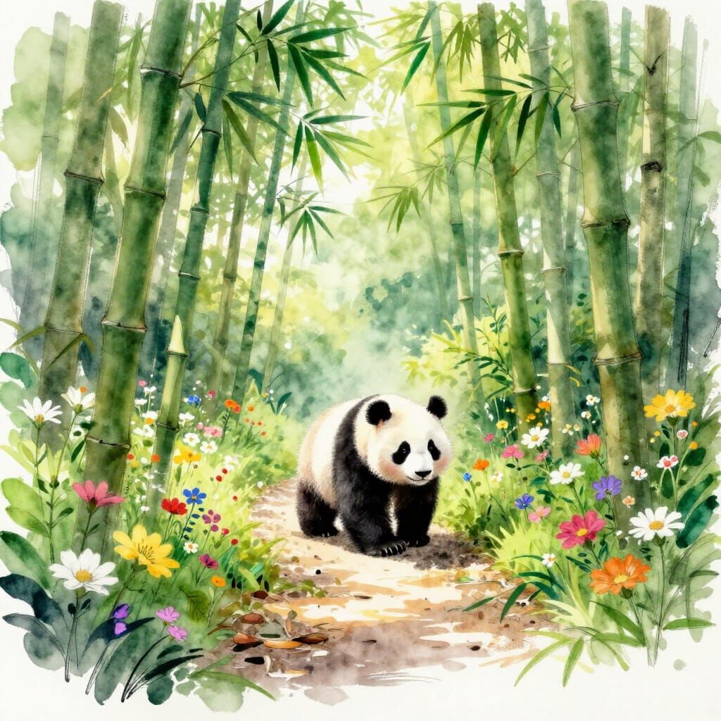Adorable Panda on Sunlit Bamboo Path in Watercolor
