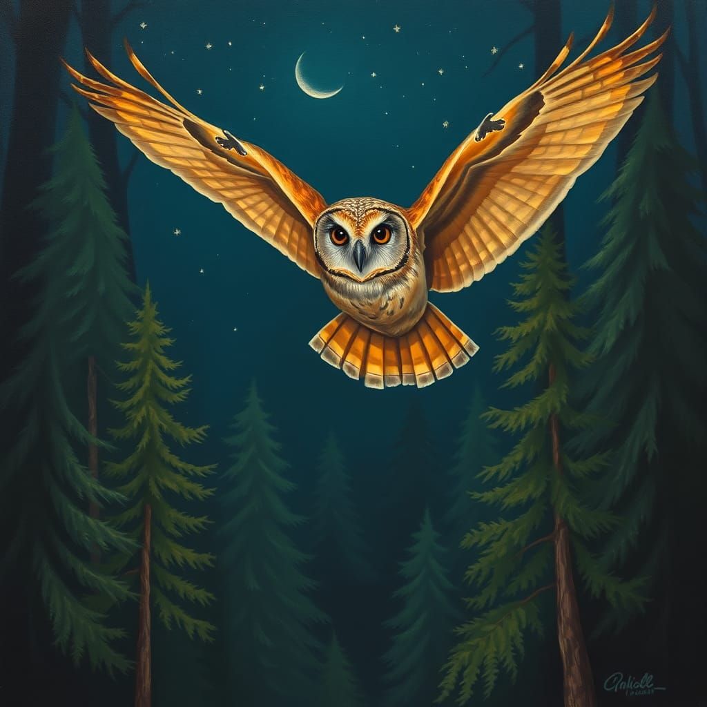 Owl in Flight Over Peaceful Forest at Night