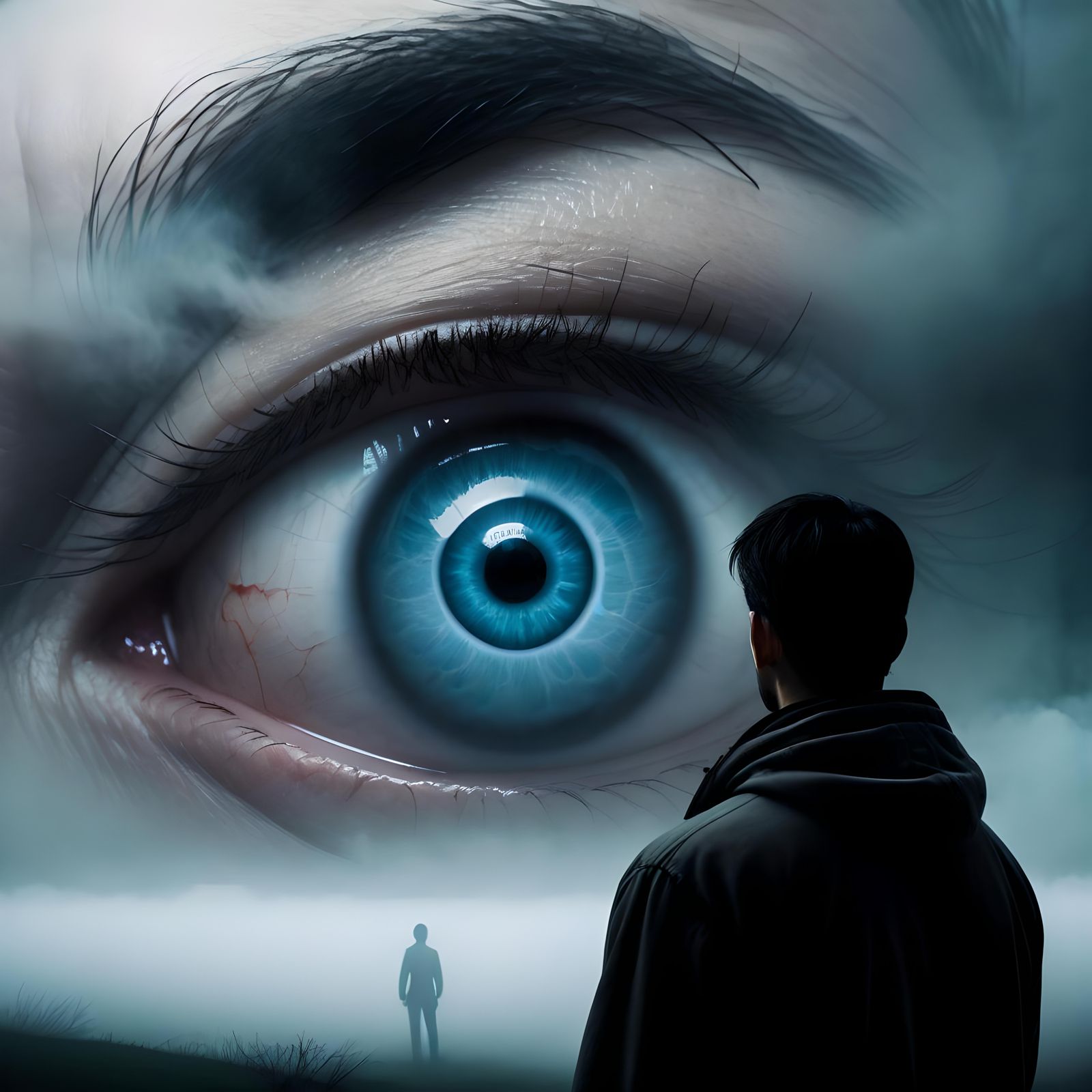 Man Gazing at Gigantic Eyeball in Fog