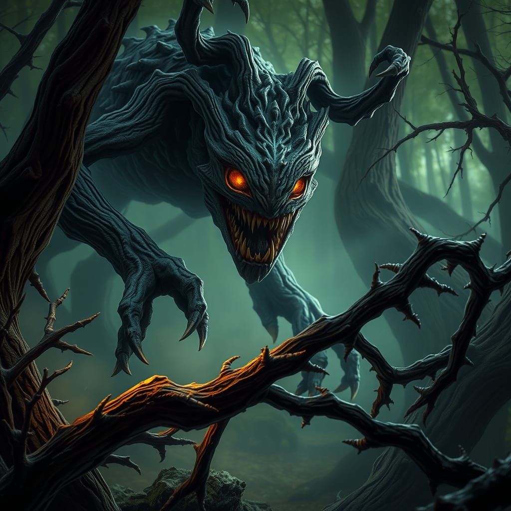 a sinister creature whose gnarled figure scratches in the air