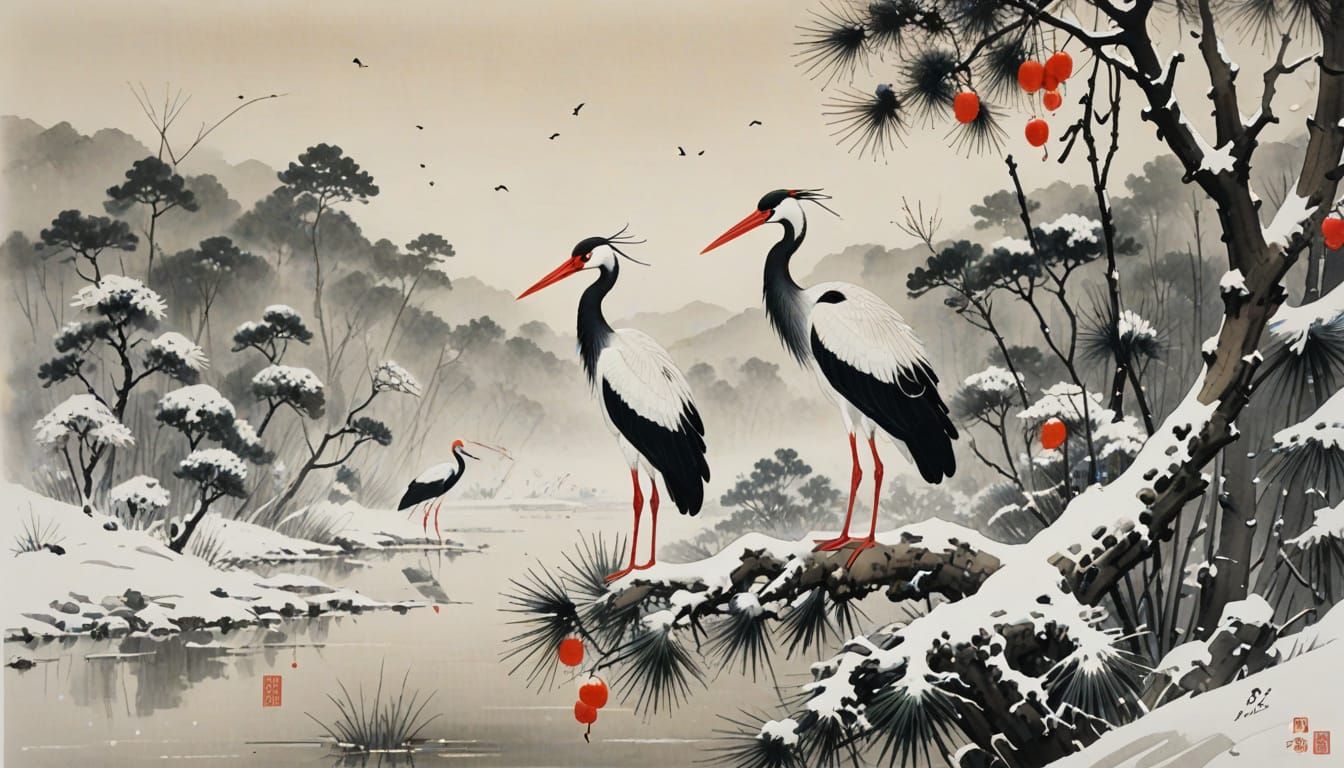Surreal Ink Wash Storks Perched on Pine Branches in Winter