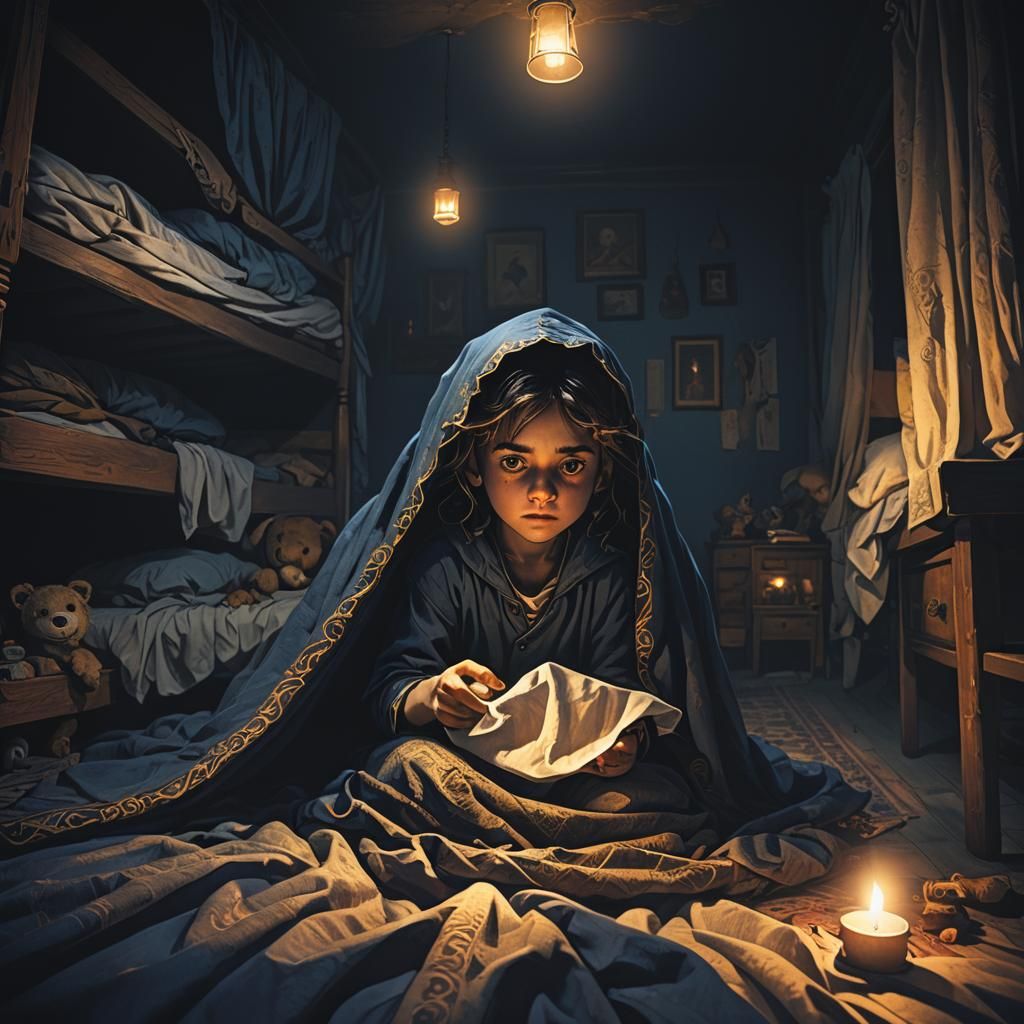 Eerie Child Hiding in Dark Room: Fantasy Art