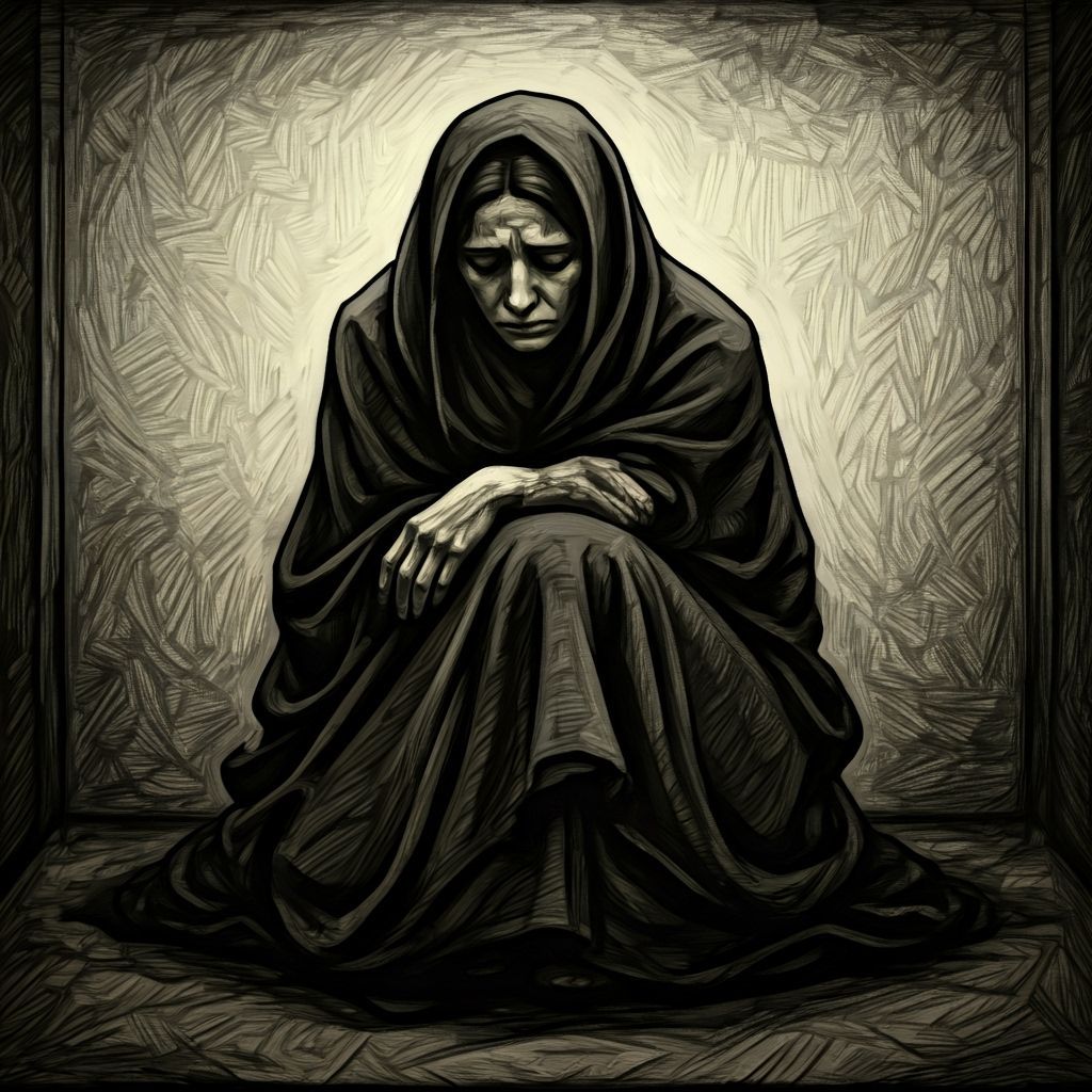 Grieving Mother in Despair: An Expressionist Print