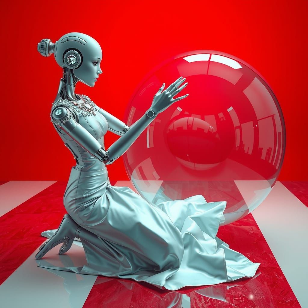 Surreal Robot Goddess in Sparkling Silver and Red