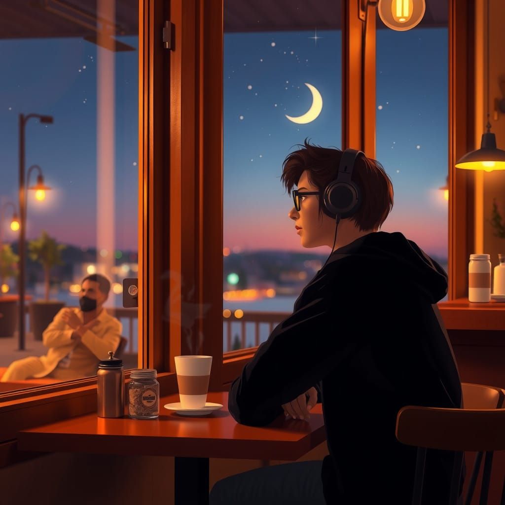 Soothing Coffee Shop Night Scene in Warm Golden Light