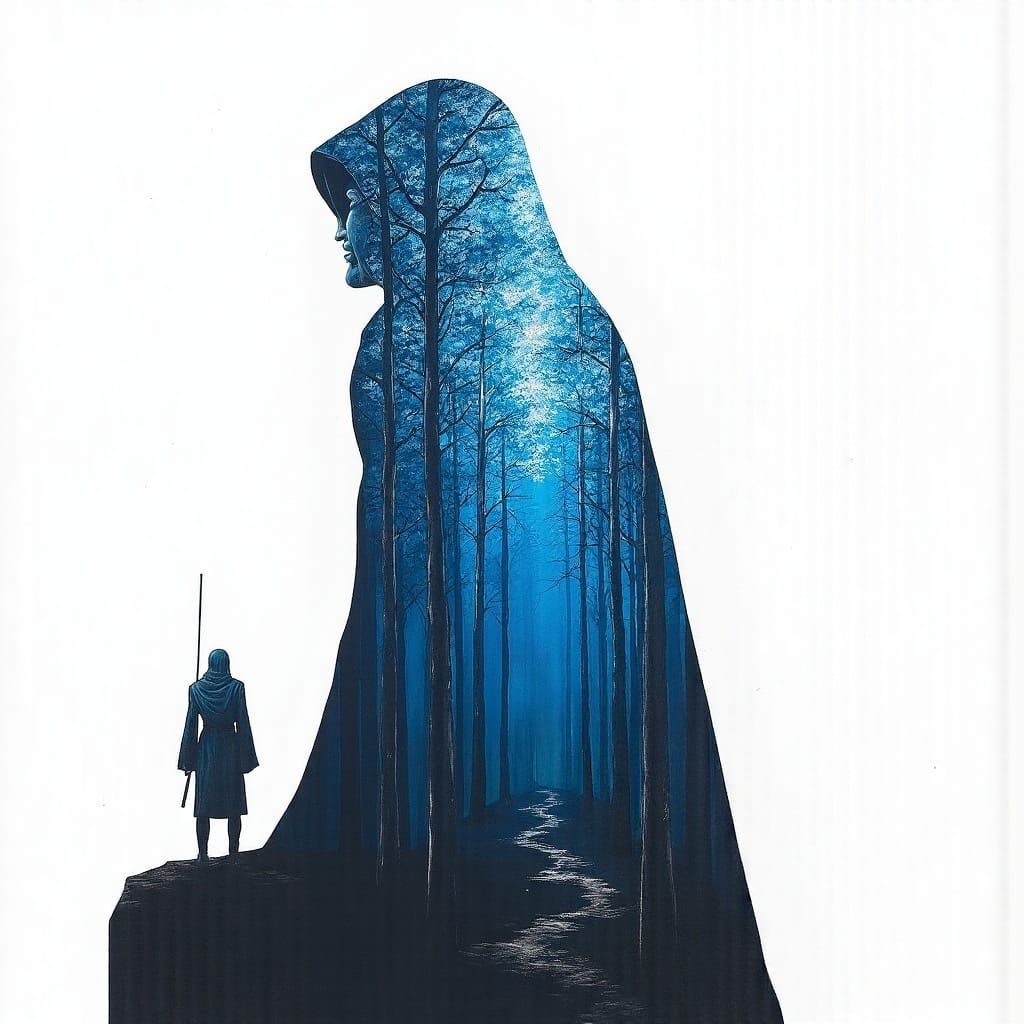 Abstract 3D Jedi Double Exposure in a Dreamlike Forest Lands...