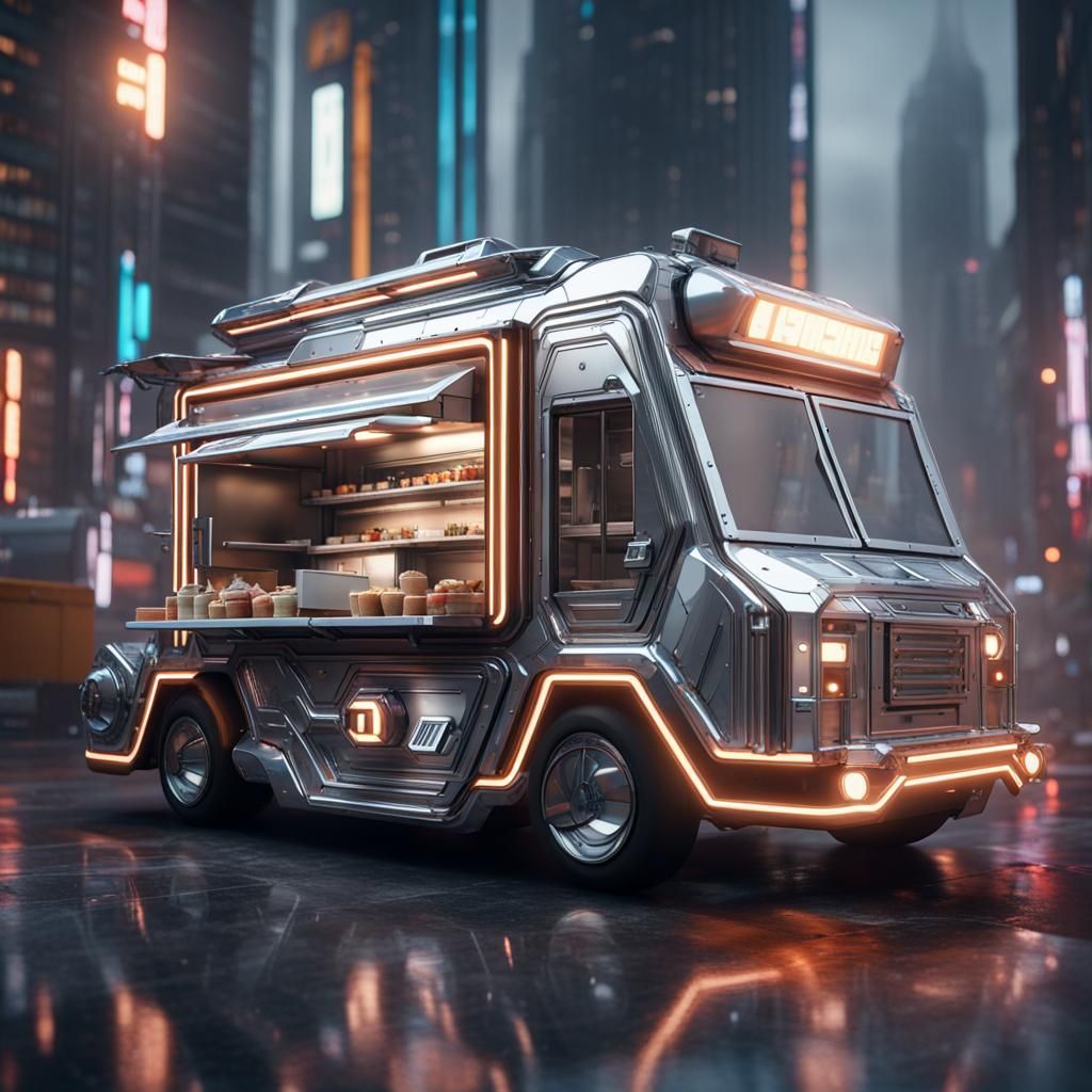 Futuristic Food Truck with Intricate Mech Details
